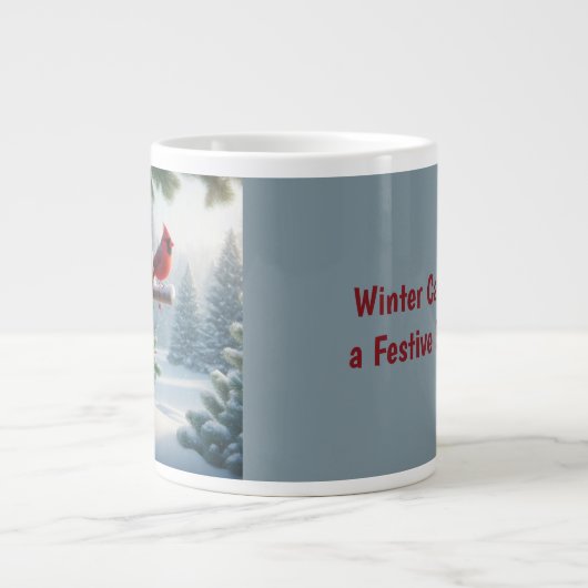 Winterkardinaal op een feestelijk vogelhuisje grote koffiekop (Voorkant)