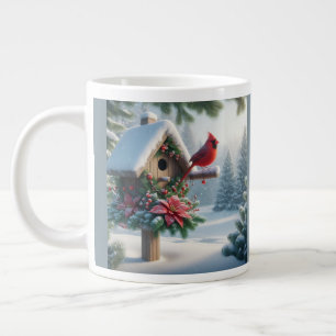 Winterkardinaal op een feestelijk vogelhuisje grote koffiekop