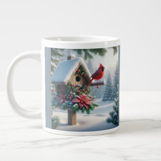 Winterkardinaal op een feestelijk vogelhuisje grote koffiekop (Links)