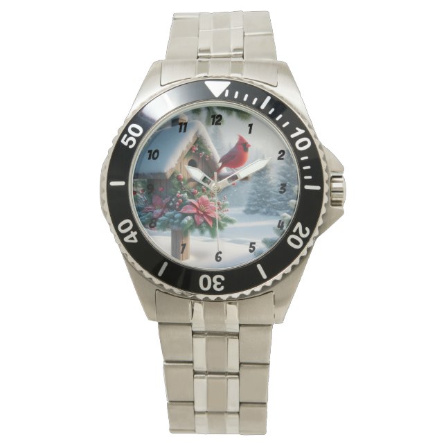 Winterkardinaal op een feestelijk vogelhuisje horloge (Voorkant)