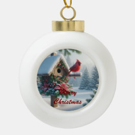 Winterkardinaal op een feestelijk vogelhuisje keramische bal ornament