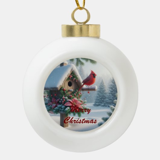 Winterkardinaal op een feestelijk vogelhuisje keramische bal ornament (Voorkant)