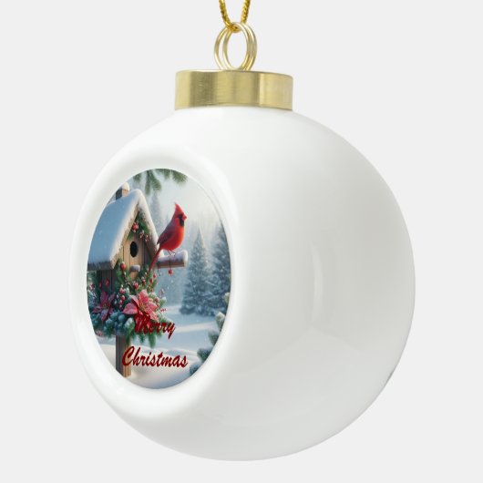 Winterkardinaal op een feestelijk vogelhuisje keramische bal ornament (Rechts)