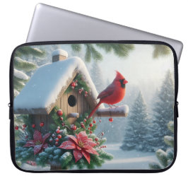 Winterkardinaal op een feestelijk vogelhuisje laptop sleeve