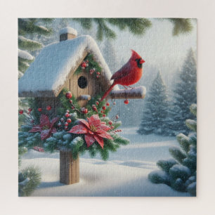 Winterkardinaal op een feestelijk vogelhuisje legpuzzel