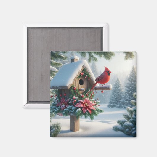 Winterkardinaal op een feestelijk vogelhuisje magneet (Voorkant / Achterkant)