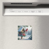 Winterkardinaal op een feestelijk vogelhuisje magneet (Insitu (Vaatwasser))