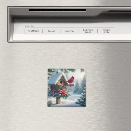 Winterkardinaal op een feestelijk vogelhuisje magneet (Insitu (Vaatwasser))