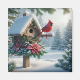 Winterkardinaal op een feestelijk vogelhuisje magneet