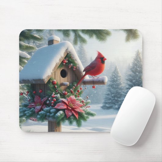 Winterkardinaal op een feestelijk vogelhuisje muismat (Met muis)