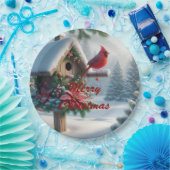 Winterkardinaal op een feestelijk vogelhuisje papieren bordje (Feest)