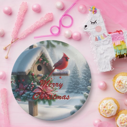 Winterkardinaal op een feestelijk vogelhuisje papieren bordje (Feest)