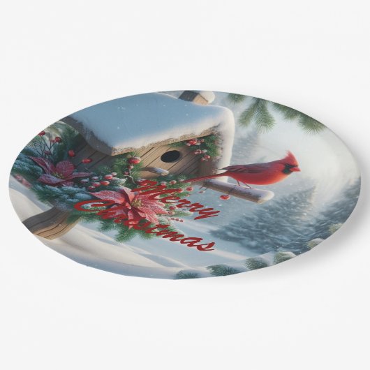Winterkardinaal op een feestelijk vogelhuisje papieren bordje (Gekanteld)