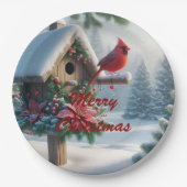 Winterkardinaal op een feestelijk vogelhuisje papieren bordje (Voorkant)