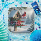 Winterkardinaal op een feestelijk vogelhuisje papieren bordje (Feest)