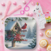 Winterkardinaal op een feestelijk vogelhuisje papieren bordje (Feest)