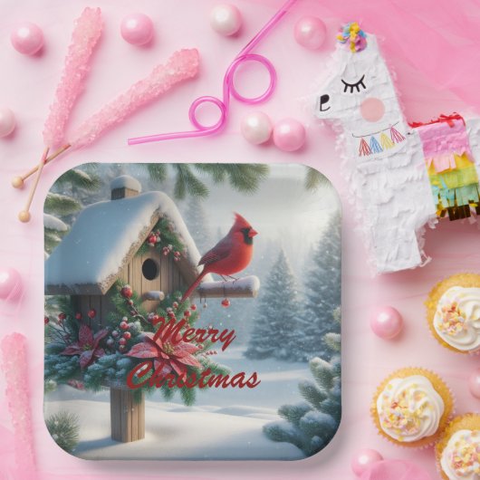 Winterkardinaal op een feestelijk vogelhuisje papieren bordje (Feest)