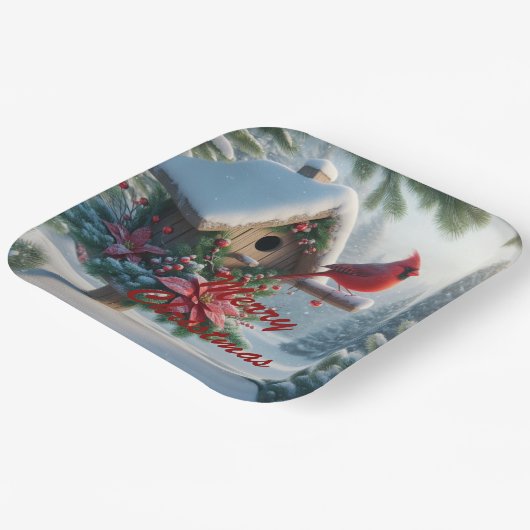 Winterkardinaal op een feestelijk vogelhuisje papieren bordje (Gebogen)