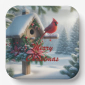 Winterkardinaal op een feestelijk vogelhuisje papieren bordje (Voorkant)