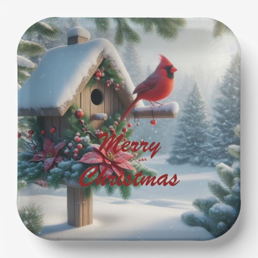 Winterkardinaal op een feestelijk vogelhuisje papieren bordje (Voorkant)