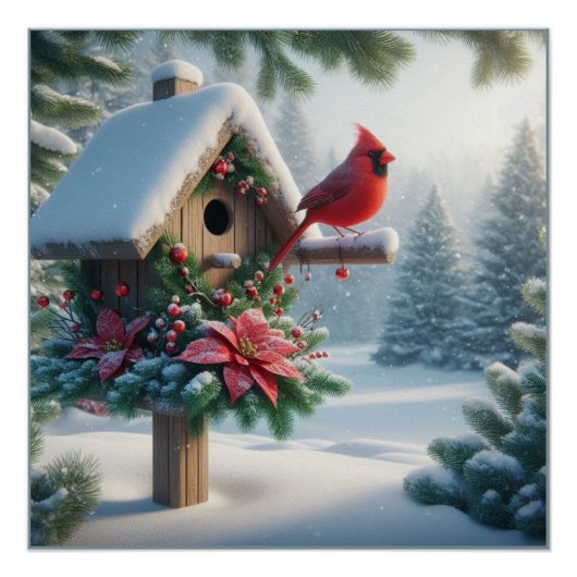 Winterkardinaal op een feestelijk vogelhuisje perfect poster (Voorkant)
