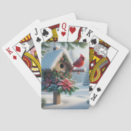 Winterkardinaal op een feestelijk vogelhuisje pokerkaarten