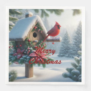 Winterkardinaal op een feestelijk vogelhuisje servet