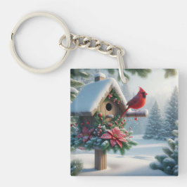 Winterkardinaal op een feestelijk vogelhuisje sleutelhanger