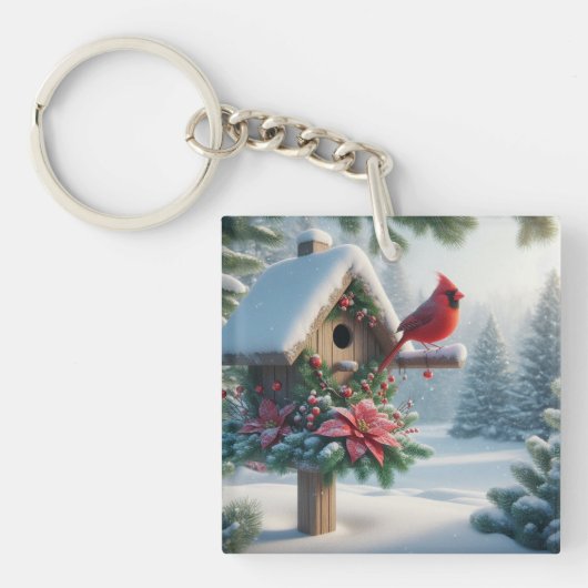 Winterkardinaal op een feestelijk vogelhuisje sleutelhanger (voorkant)