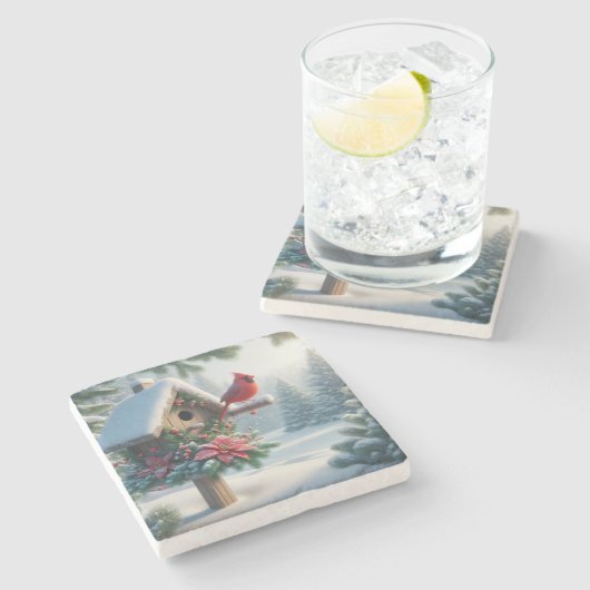 Winterkardinaal op een feestelijk vogelhuisje stenen onderzetter (Zijkant)