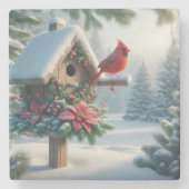 Winterkardinaal op een feestelijk vogelhuisje stenen onderzetter (Voorkant)