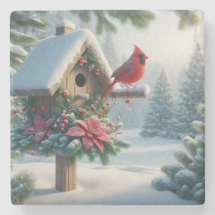 Winterkardinaal op een feestelijk vogelhuisje stenen onderzetter