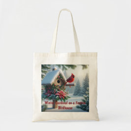 Winterkardinaal op een feestelijk vogelhuisje tote bag