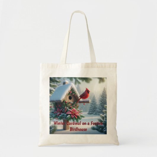 Winterkardinaal op een feestelijk vogelhuisje tote bag (Voorkant)