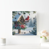 Winterkardinaal op een feestelijk vogelhuisje vierkante klok (Huis)