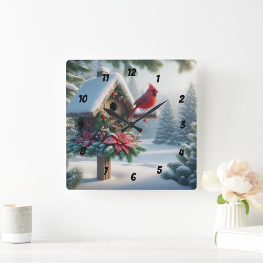 Winterkardinaal op een feestelijk vogelhuisje vierkante klok (Huis)