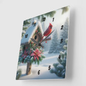 Winterkardinaal op een feestelijk vogelhuisje vierkante klok (Hoek)