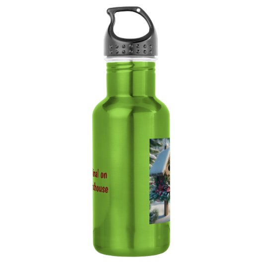 Winterkardinaal op een feestelijk vogelhuisje waterfles  (Achterkant)