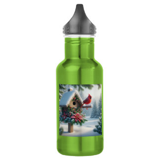 Winterkardinaal op een feestelijk vogelhuisje waterfles 