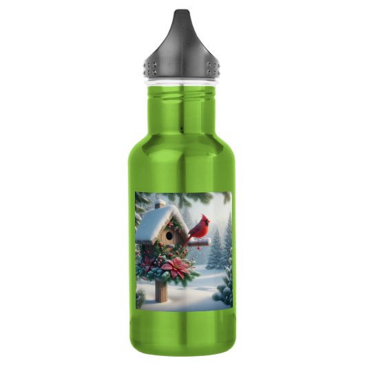 Winterkardinaal op een feestelijk vogelhuisje waterfles  (Links)