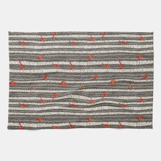 Winterkardinalen in Birch Trees Theedoek (Horizontaal)