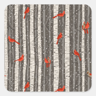 Winterkardinalen in Birch Trees Vierkante Sticker