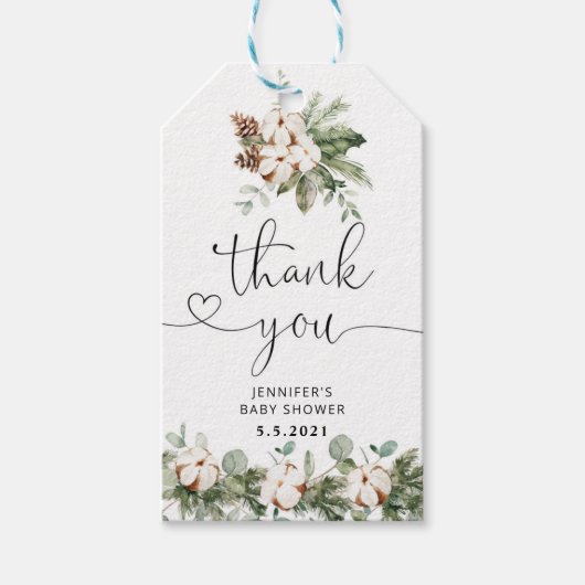 Winterkatoen evergreen baby shower dank u cadeaulabel (Voorkant)