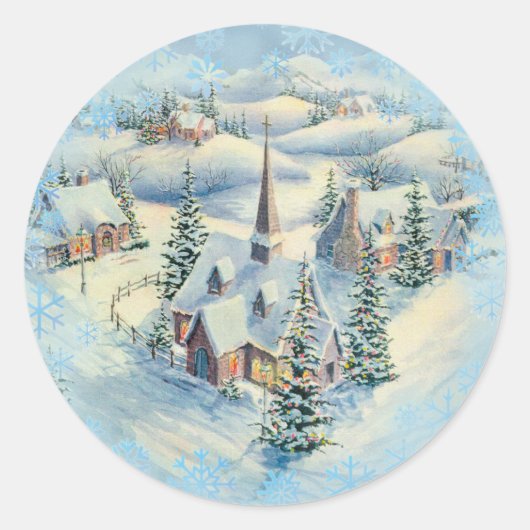 WINTERKERK DOOR SHARON SHARPE RONDE STICKER (Voorkant)