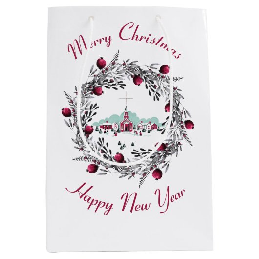 Winterkerkscène met kerstmis Medium Cadeauzakje (Voorkant)