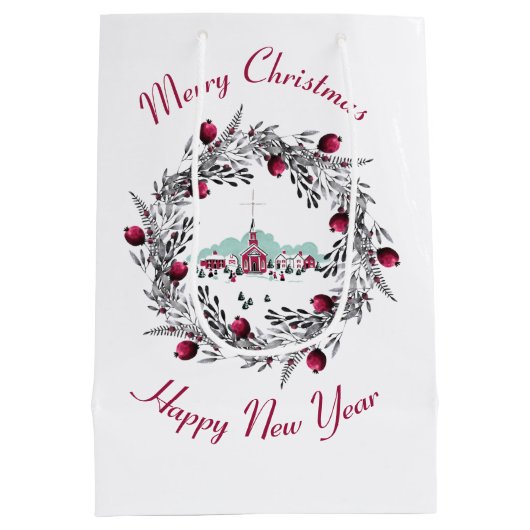  Winterkerkscène met kerstmis Medium Cadeauzakje (Achterkant)