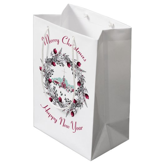 Winterkerkscène met kerstmis Medium Cadeauzakje (Achterkant Gekanteld)