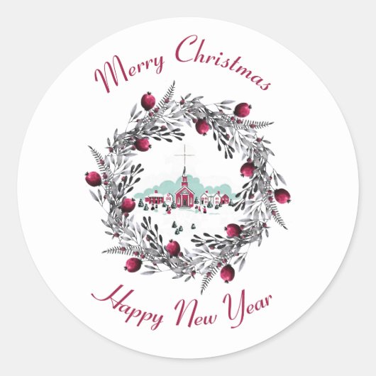  Winterkerkscène met kerstmis Ronde Sticker (Voorkant)