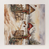  winterkerst Boerderij scène met paarden Legpuzzel (Horizontaal)