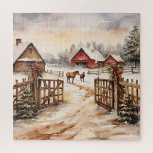  winterkerst Boerderij scène met paarden Legpuzzel